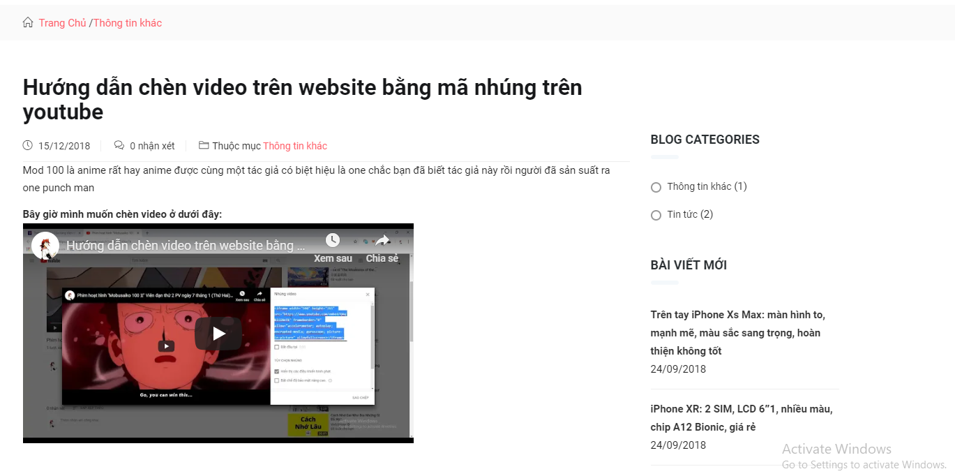 Hướng dẫn nhúng video trên youtube vào website