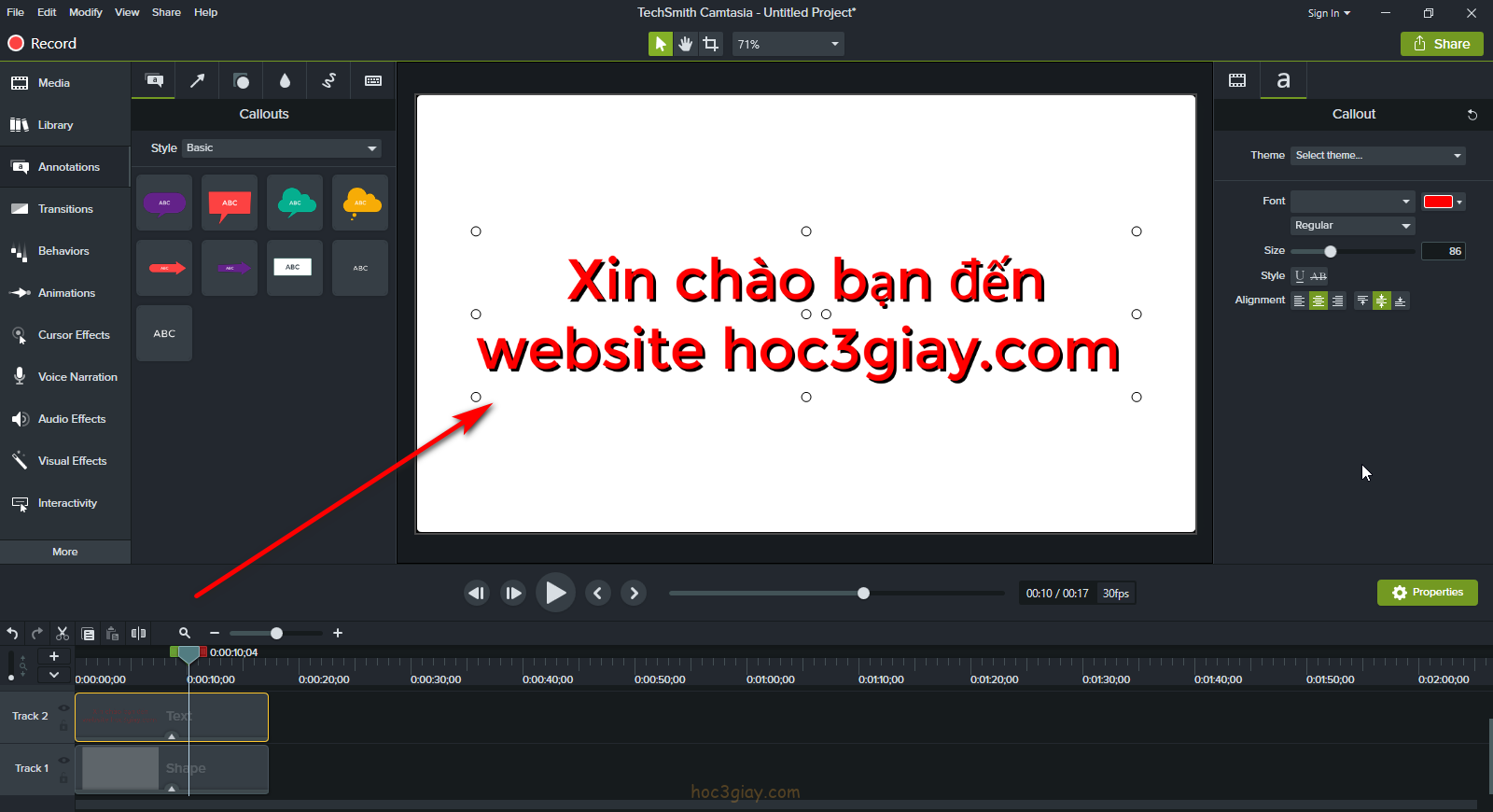 Cách tạo hiệu ứng đánh máy cho chữ trên camtasia