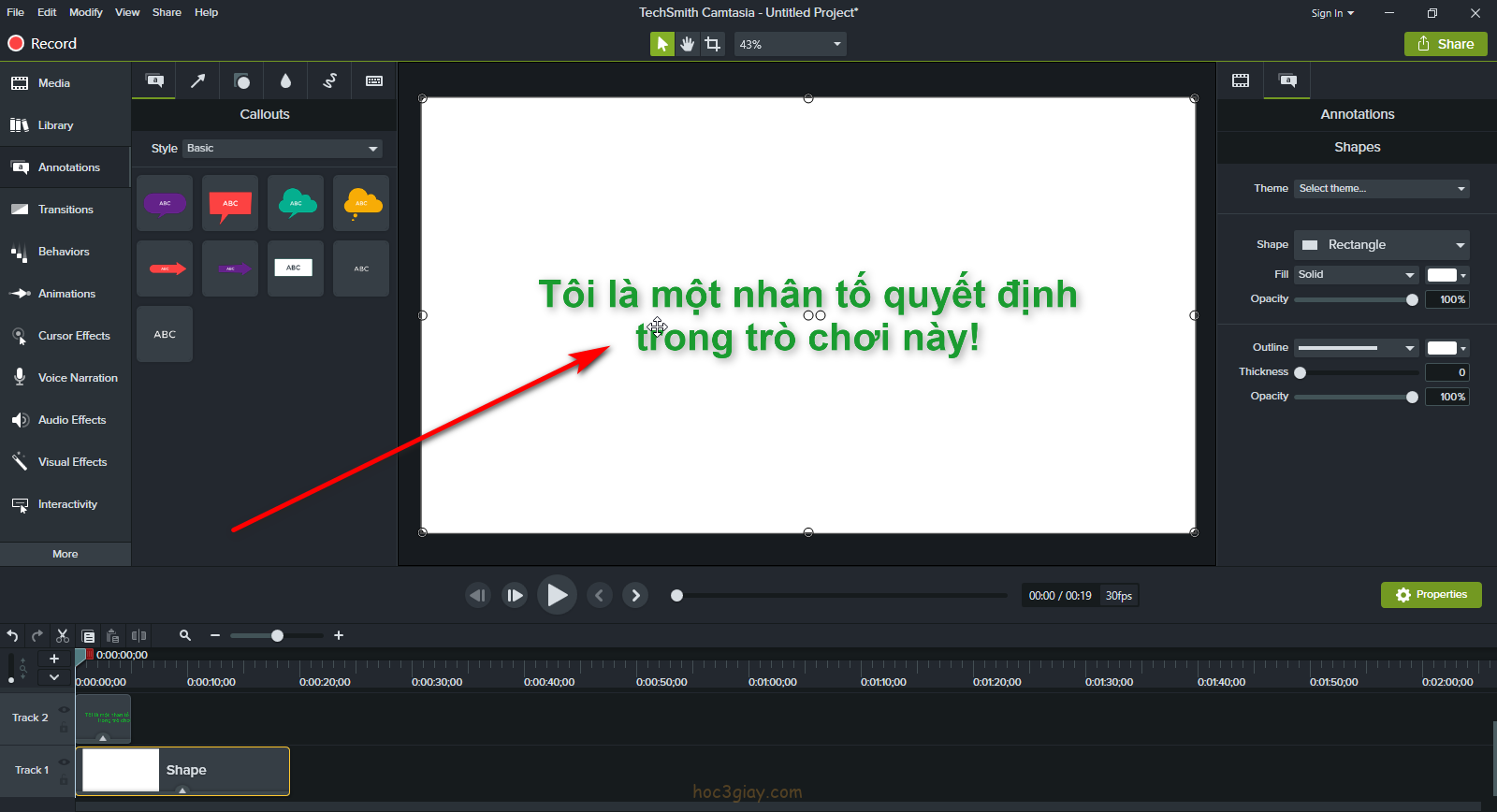 Hướng dẫn tạo bóng đổ cho chữ trên phần mềm camtasia